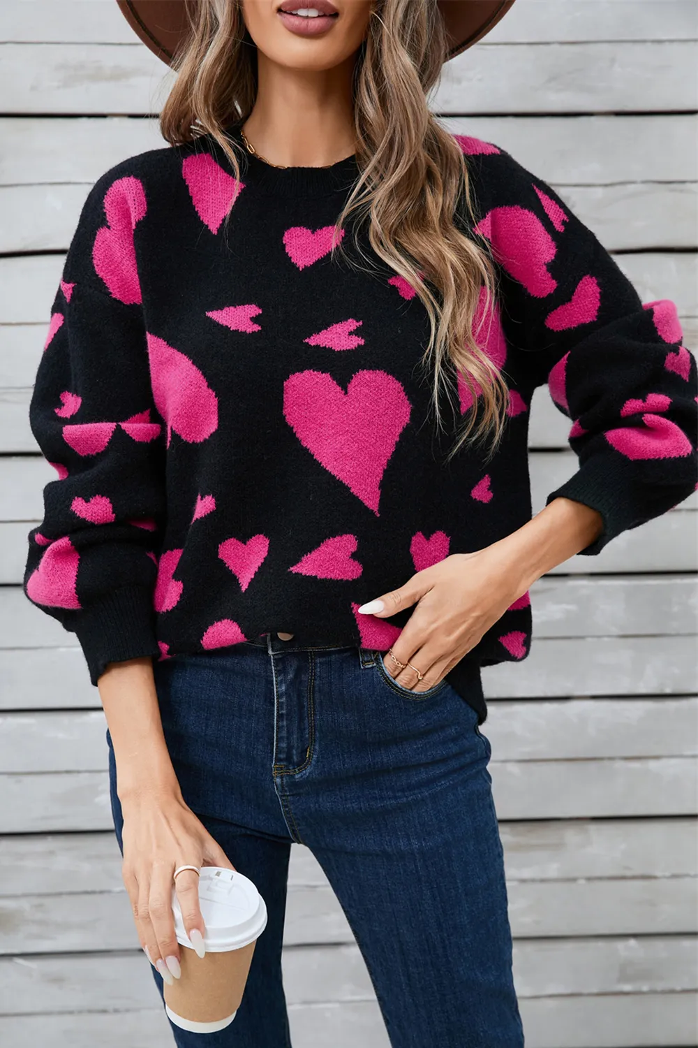 Heart Contrast Round Neck Long Sleeve Sweater, image 3