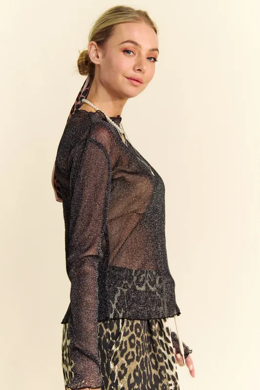Glitter Mesh Lettuce Hem Long Sleeve Top, image 3