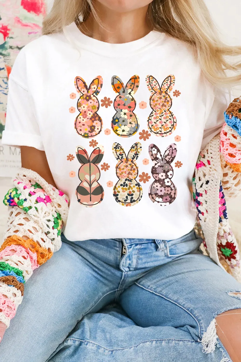 Floral Bunny Graphic Crewneck Short Sleeve T-Shirt, image 2