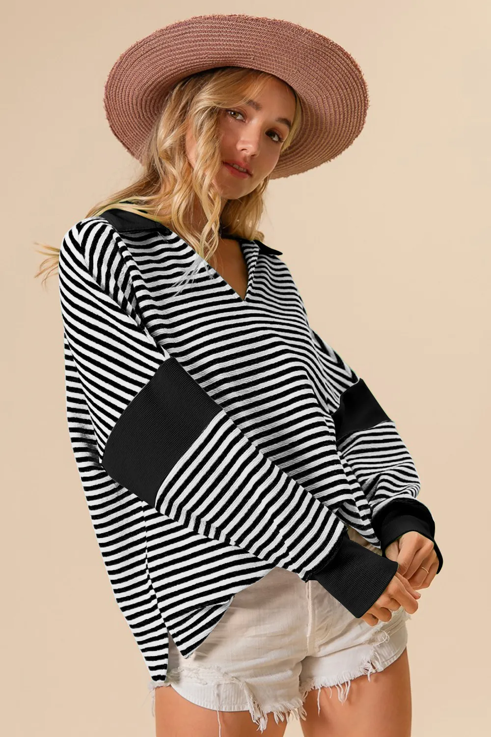 Striped Contrast Long Sleeve Knit Top, image 2