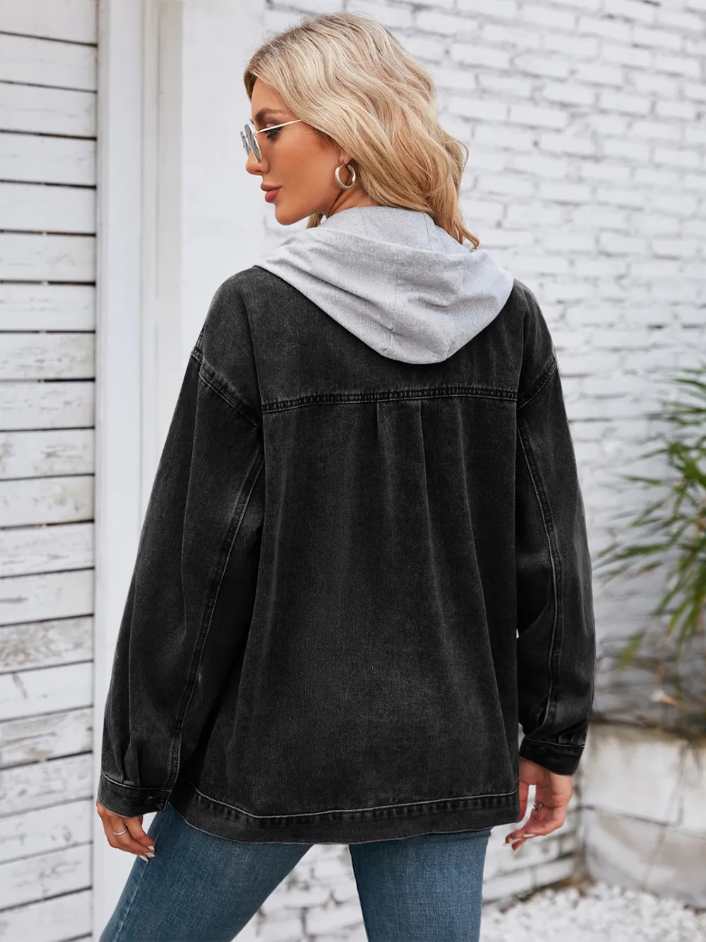 Pocketd Button Up Detachable Hooded Denim Jacket, image 3