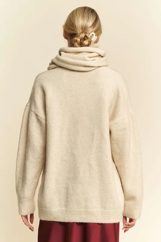 V-Neck Dropped Shoulder Sweater with Scarf, image 2