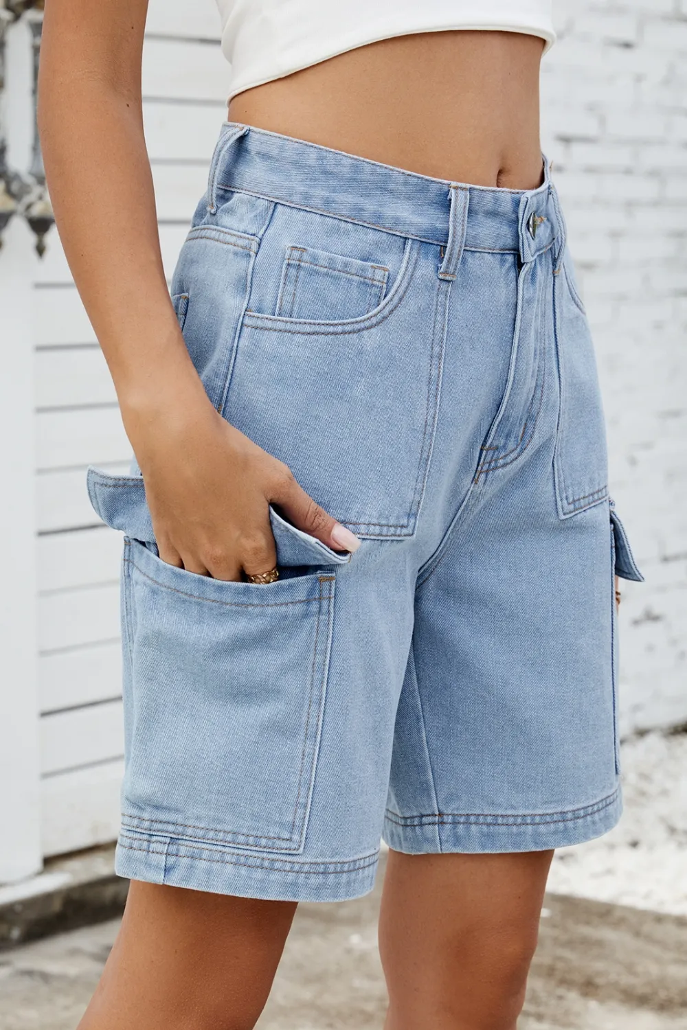 High Rise Denim Shorts with Cargo Pockets, image 6