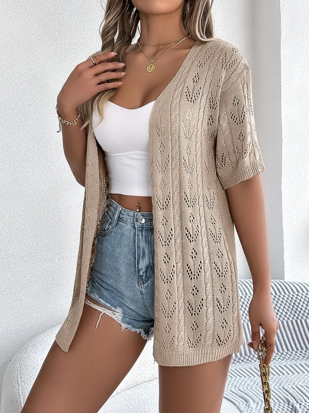 Openwork Open Front Half Sleeve Cardigan, image 13