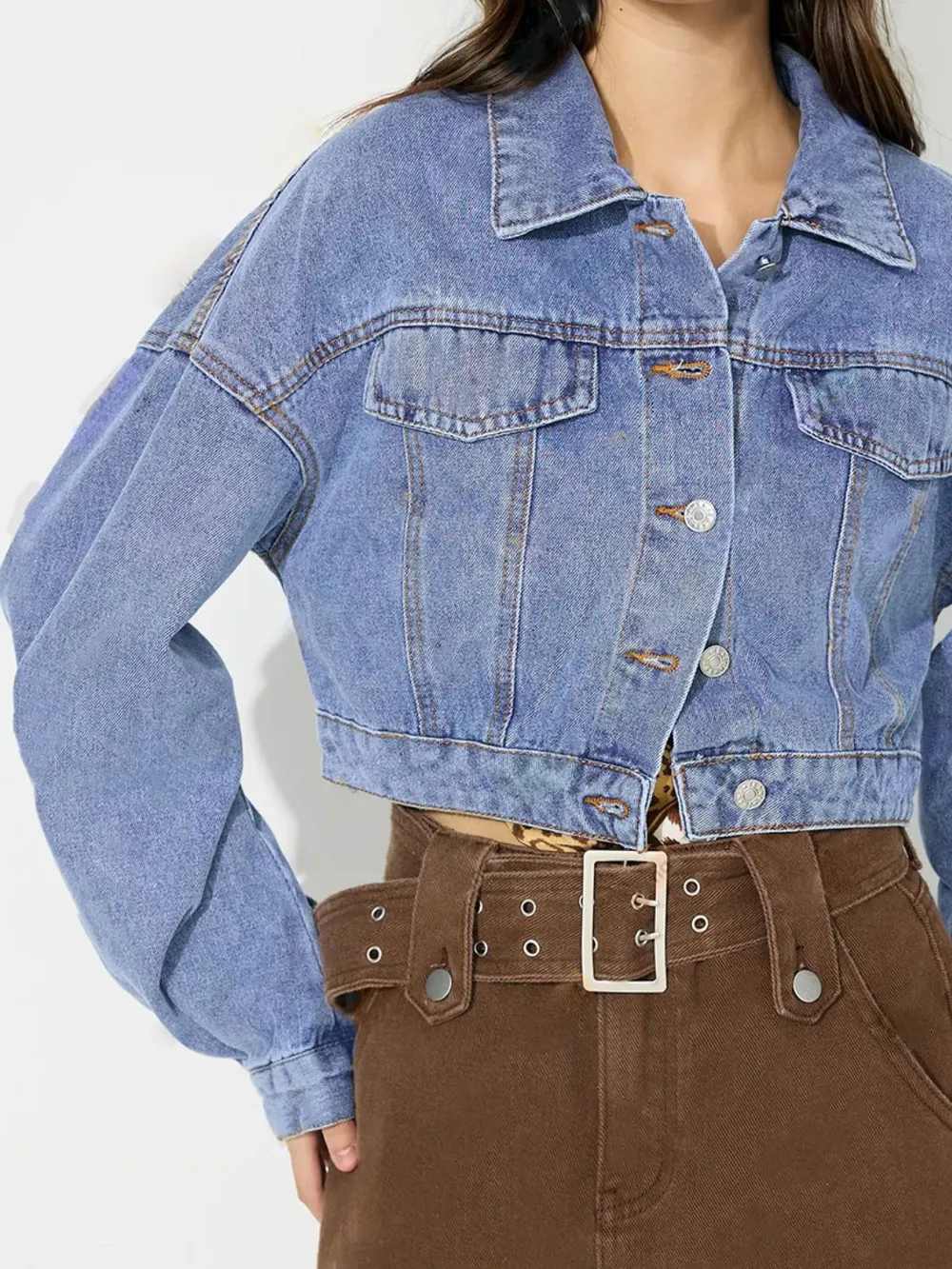 Collared Neck Dropped Shoulder Cropped Denim Top, image 4