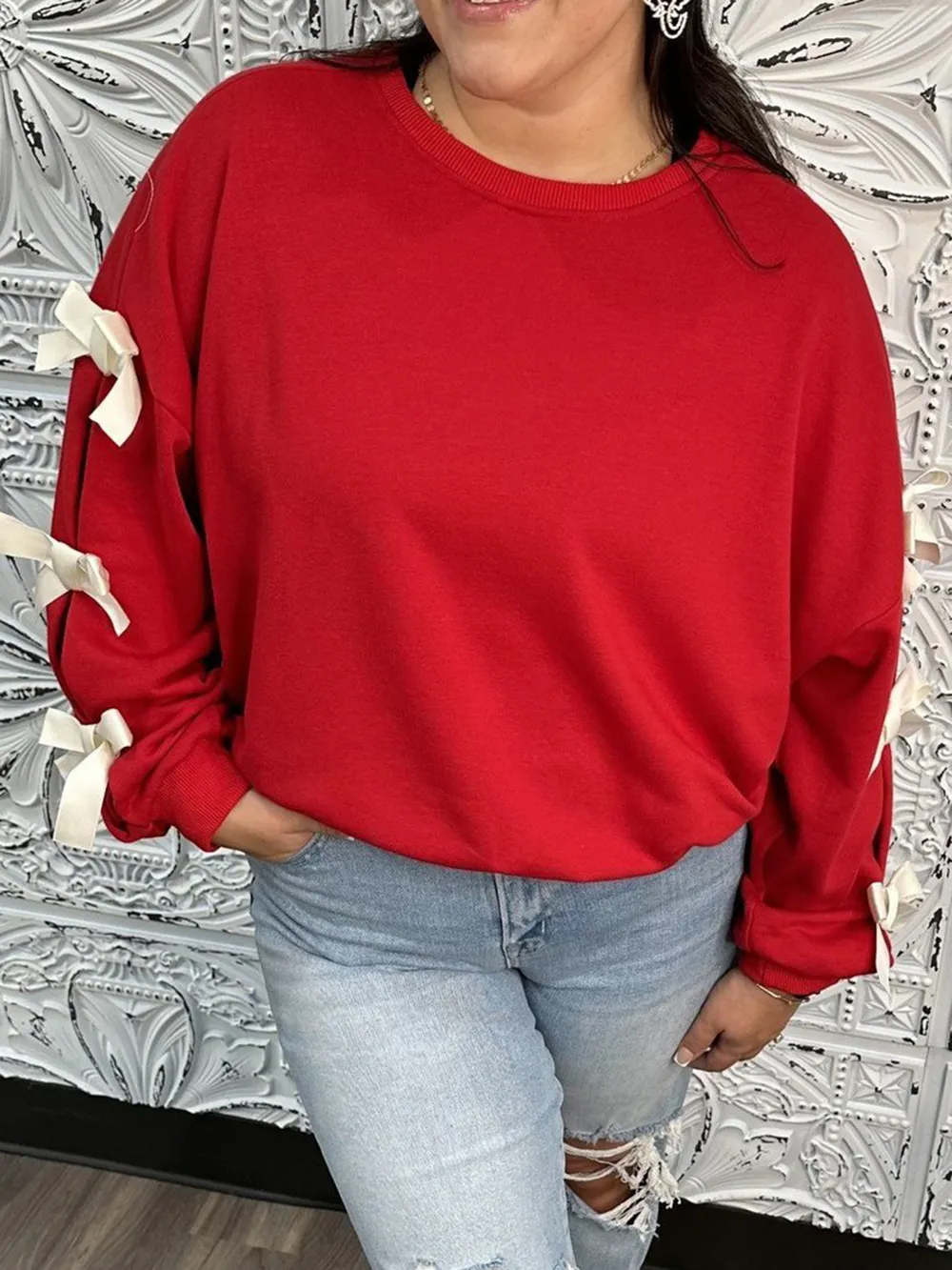 Contrast Bow Round Neck Long Sleeve Sweatshirt, image 5