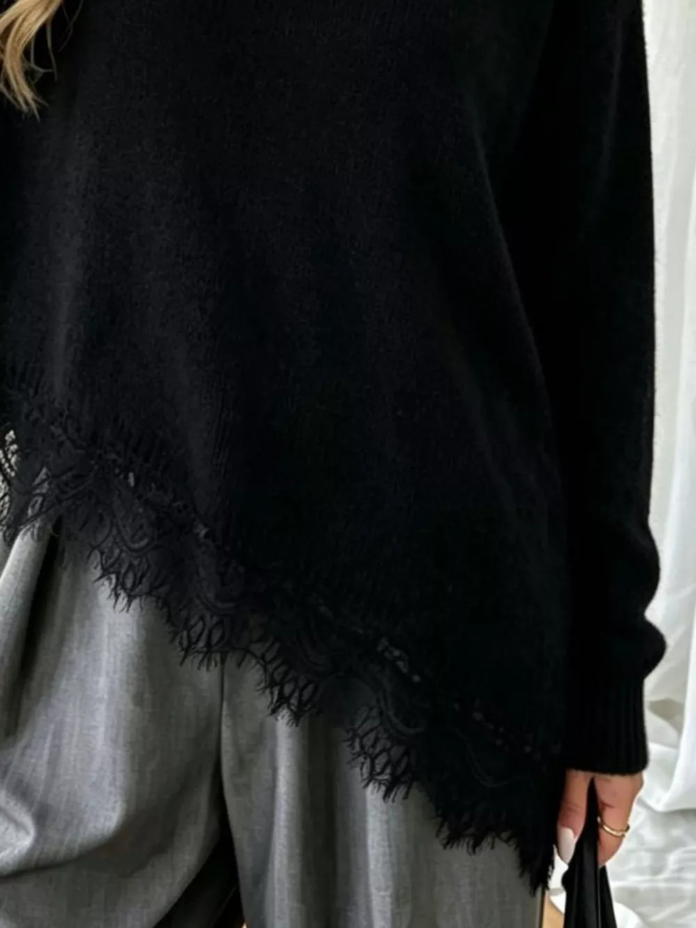 Round Neck Sweater with Asymmetric Lace Hem, image 3