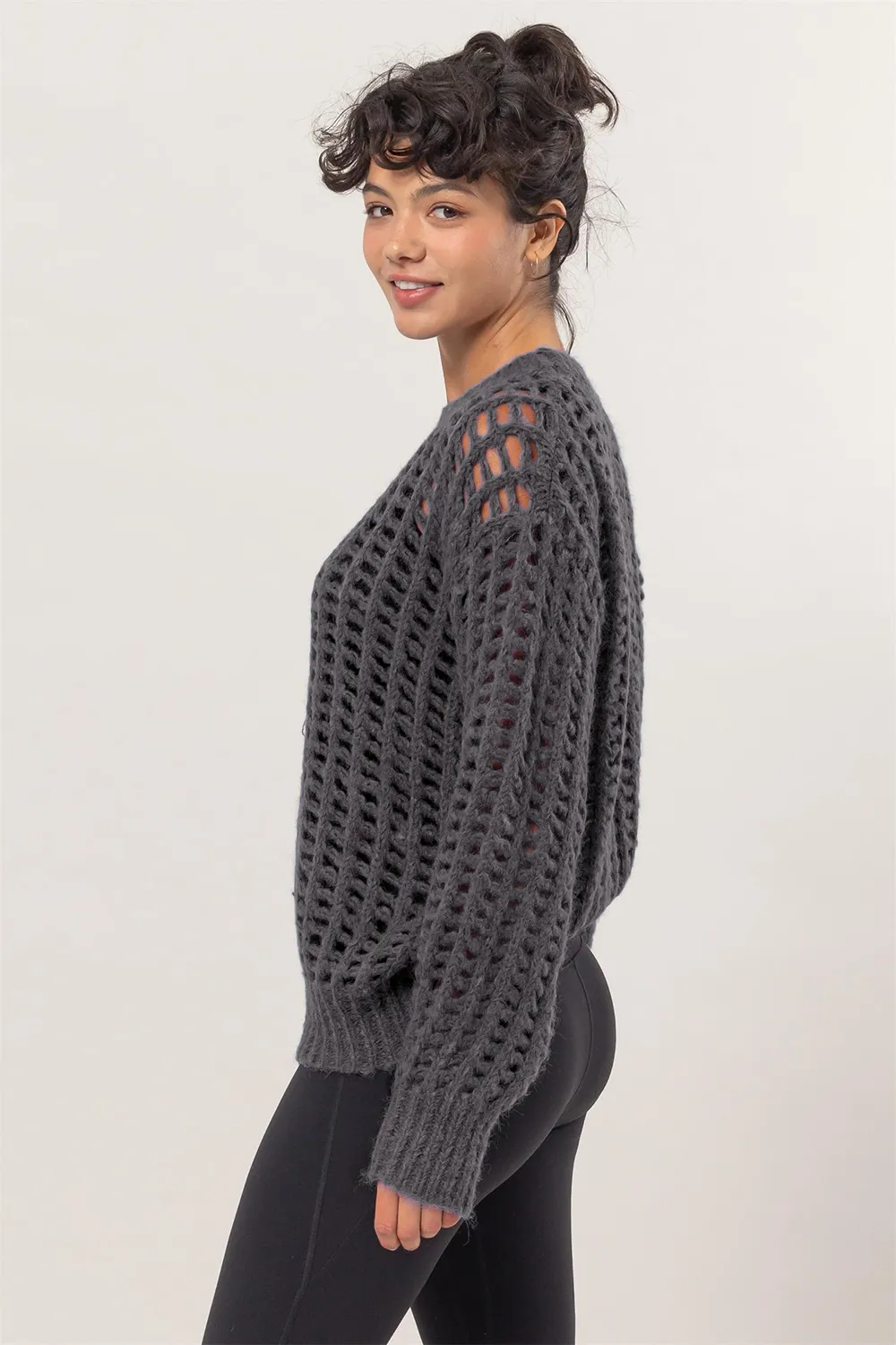 Openwork Round Neck Long Sleeve Knit Cover Up, image 3