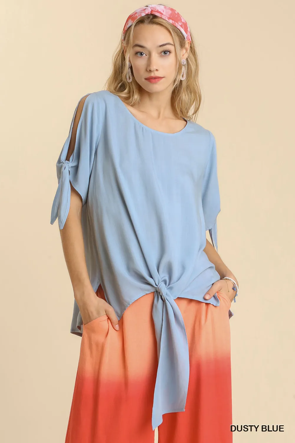 Cold Shoulder Short Sleeve Round Neck Top with Side Slits and Tie-able Knot Details