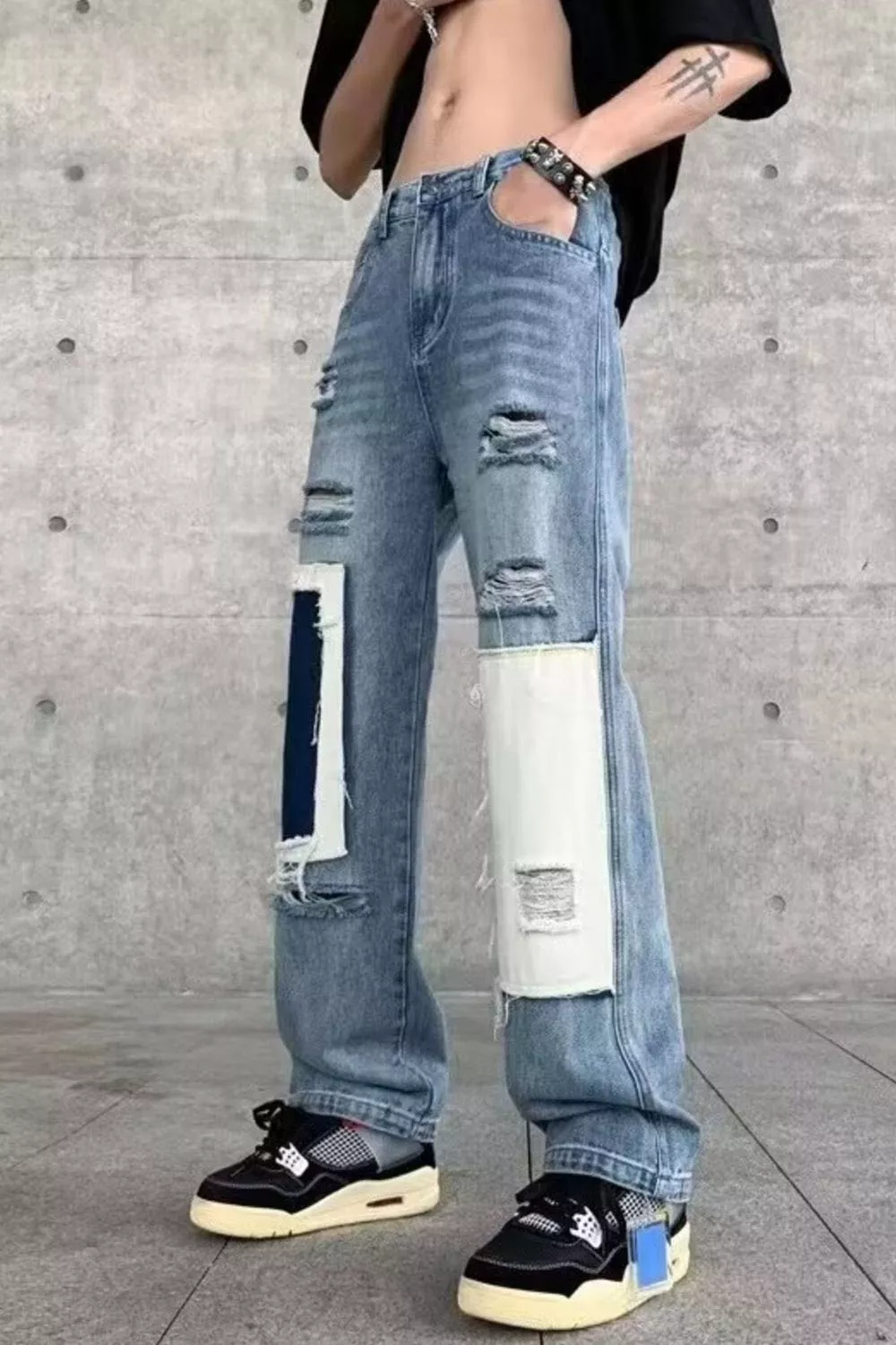 Men's Ripped Patchwork Wide Leg Jeans, image 2