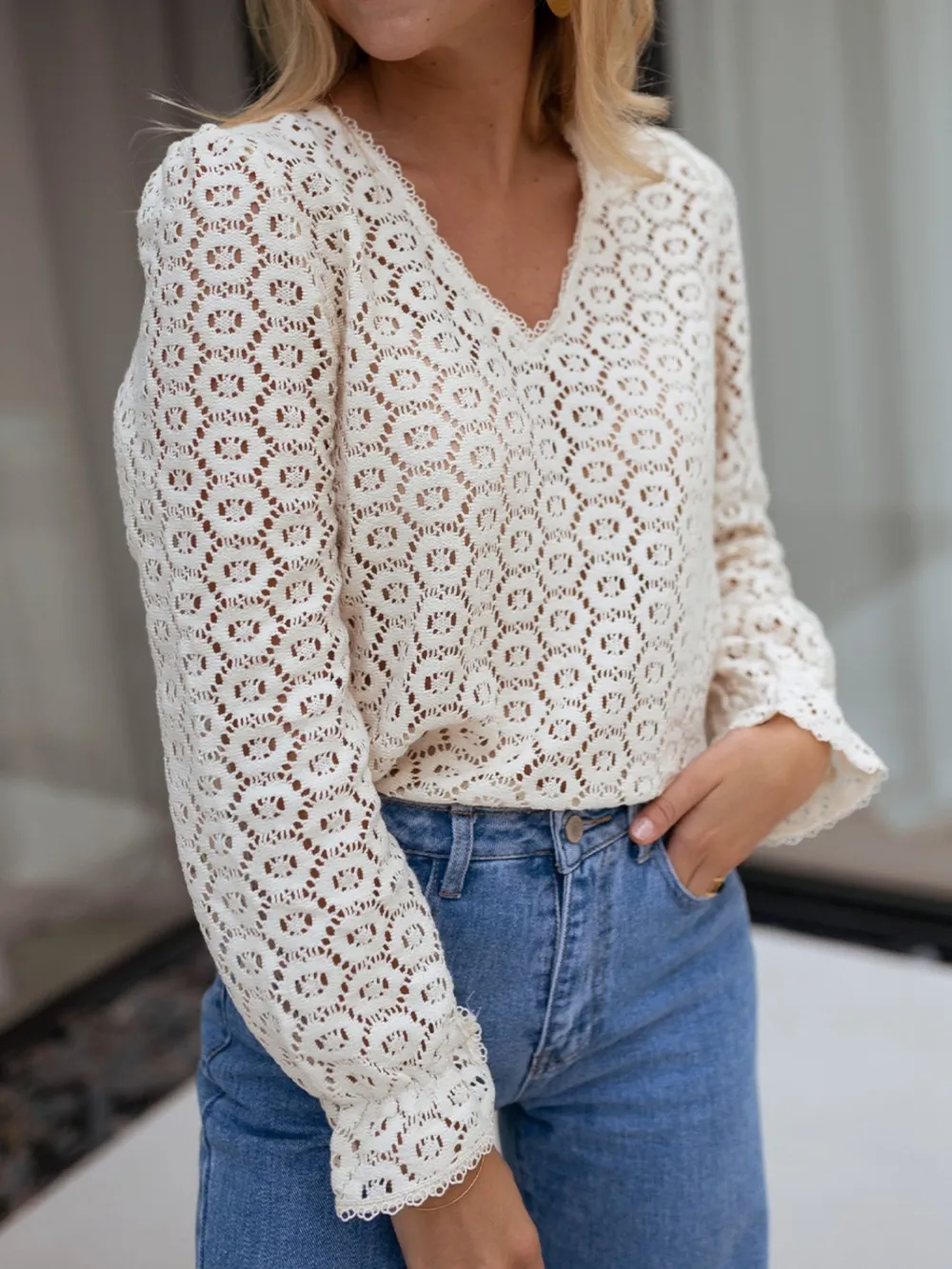 Crochet Lace V-Neck Long Sleeve Blouse, image 3
