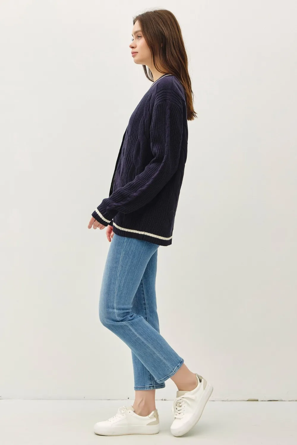 Contrast Trim Cable-Knit V-Neck Cardigan, image 4