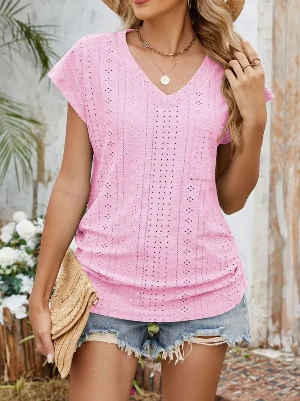Eyelet V-Neck Short Sleeve Top, image 14