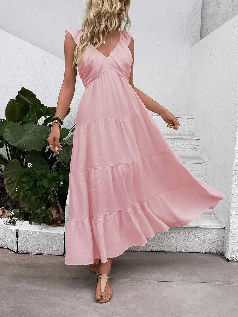 V-Neck Tiered Dress with Flutter Sleeves, image 8