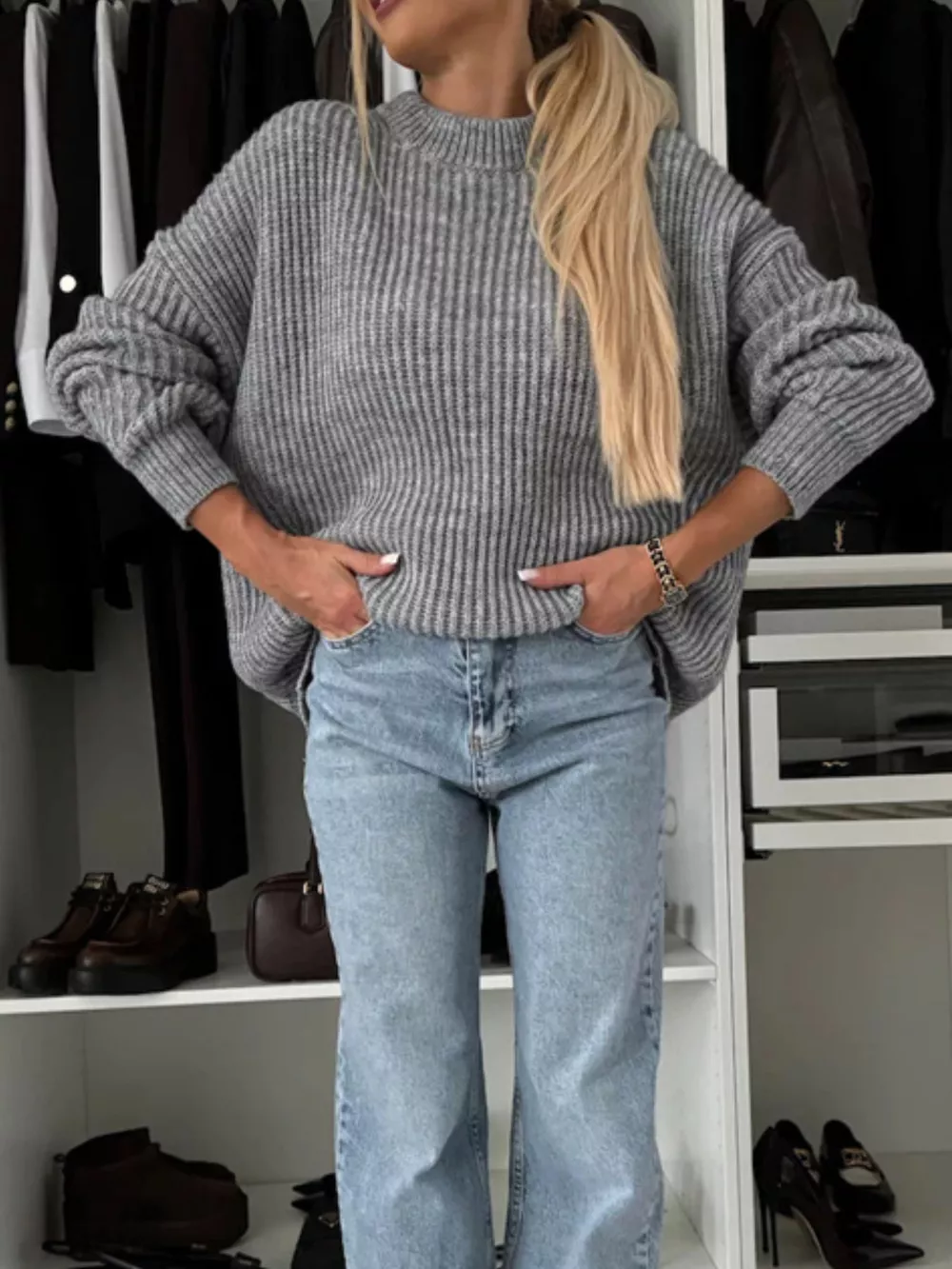 Ribbed Knit Crew Neck Sweater, image 4