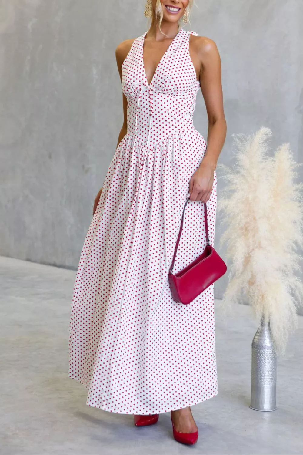 Backless Polka Dot Halter Neck Maxi Dress, image 6