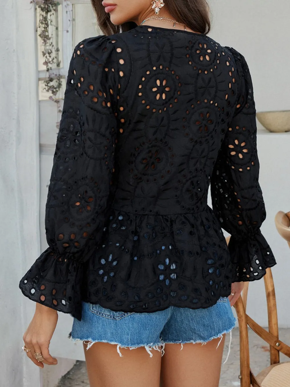 Tie Front Flounce Sleeve Peplum Blouse, image 12