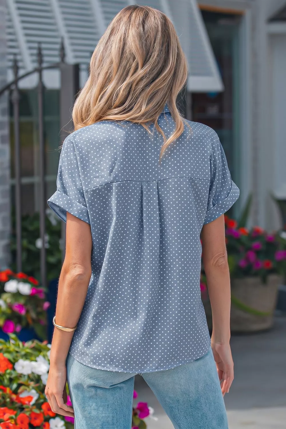 Dotted Print Cuffed Short Sleeve Shirt, image 2