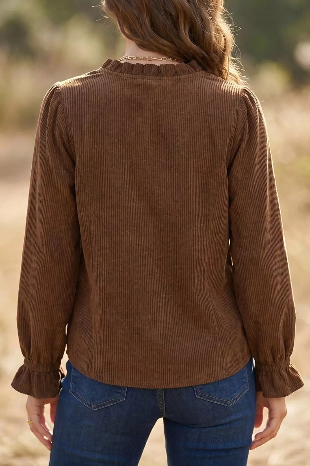 Solid Color Ruffle Trim V Neck Long Sleeve Button Corduroy Shakcet, image 4