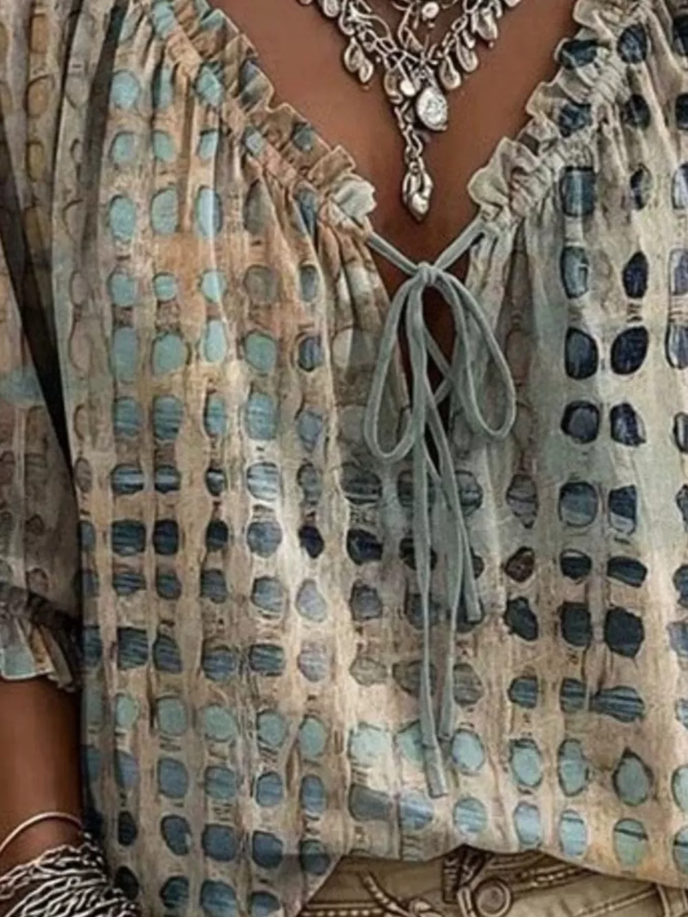 Full Size Tie Neck 3/4 Sleeve Blouse Plus Size, image 2
