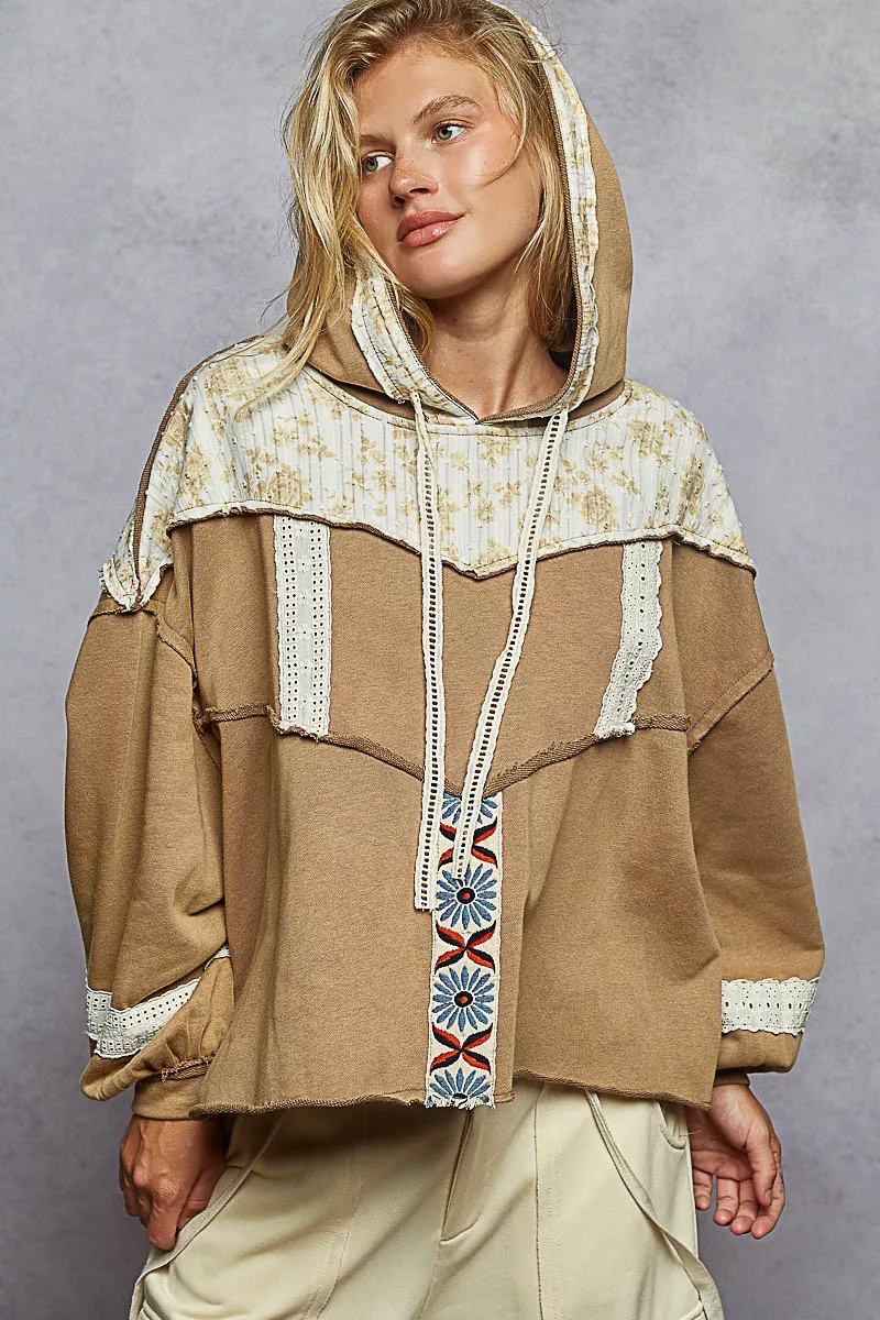Drawstring French Terry Hoodie with Gauze Print Patch, image 3