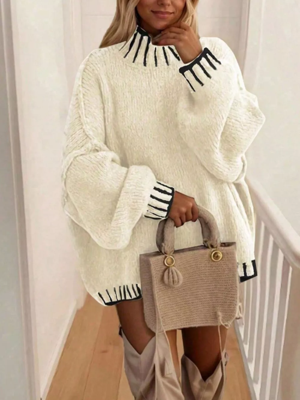 Contrast Trim Chunky Knit Sweater, image 3