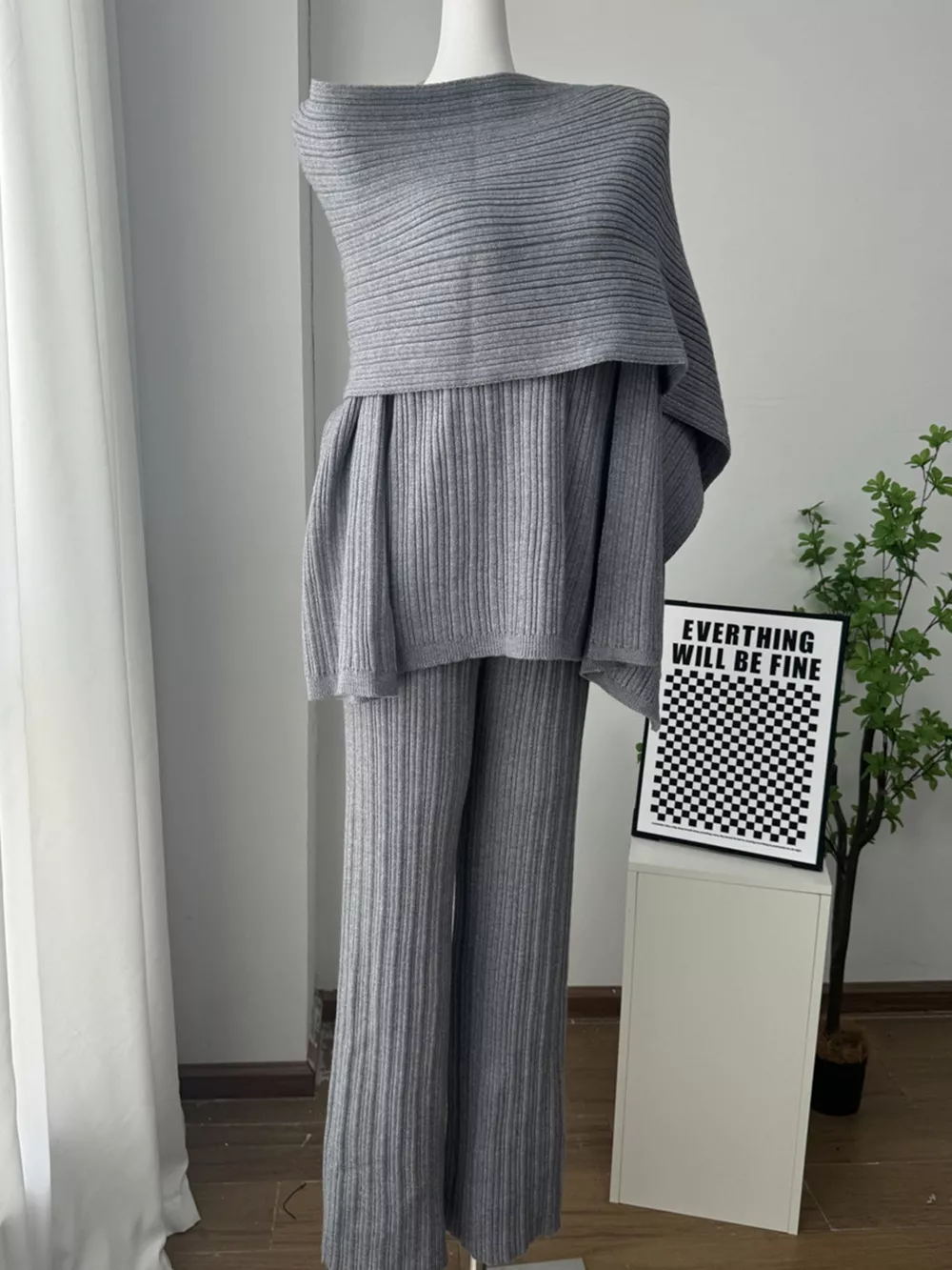 3-Piece Crew Neck Ribbed Sweater and Wide-Leg Pants Set with Scarf, image 11