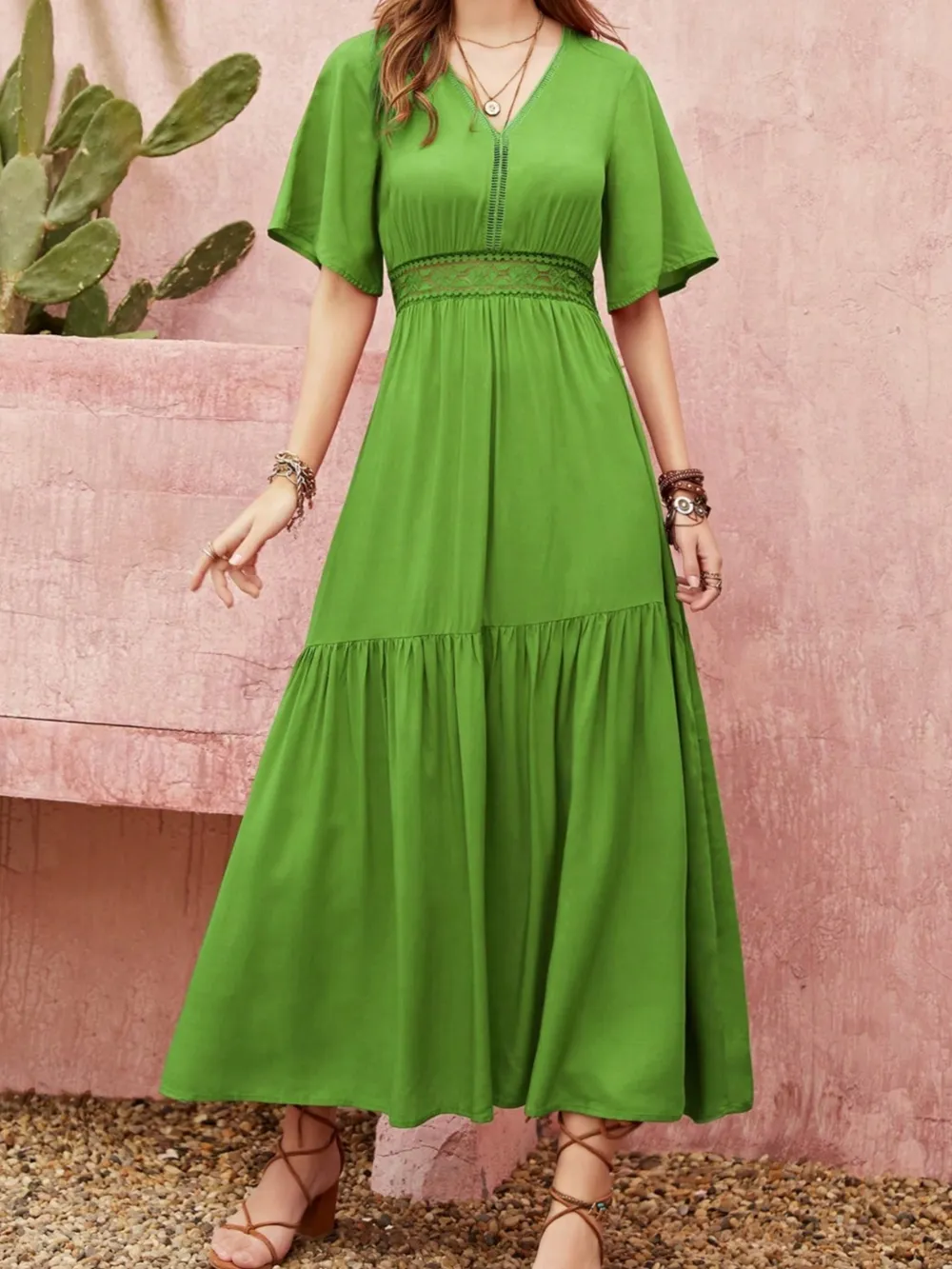 Lace Detail V-Neck Short Sleeve Dress, image 2