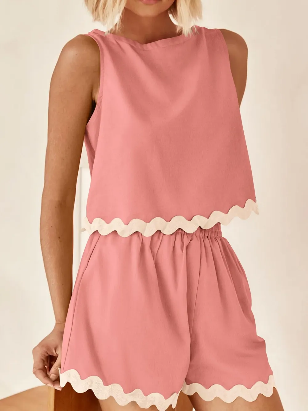 Contrast Trim Round Neck Top and Shorts Set, image 6
