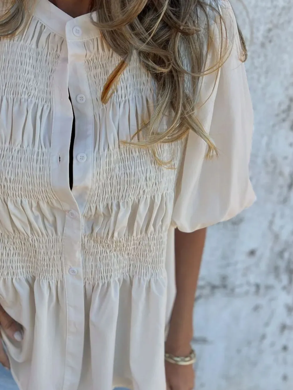 Full Size Smocked Button Front Puff Sleeve Shirt Plus Size, image 10