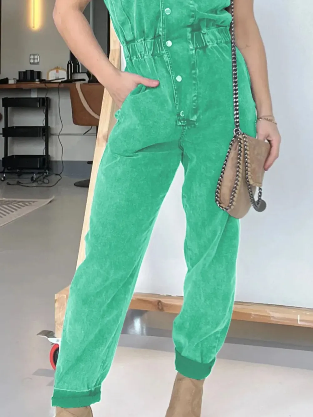 Full Size Button Front Cap Sleeve Denim Jumpsuit Plus Size, image 17