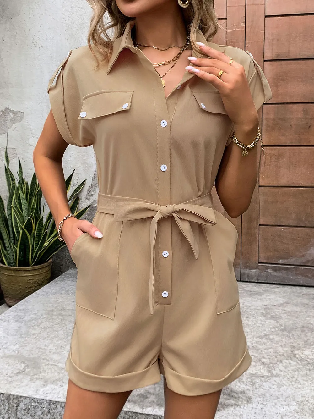 Collared Neck Tie Waist Romper with Pockets, image 4