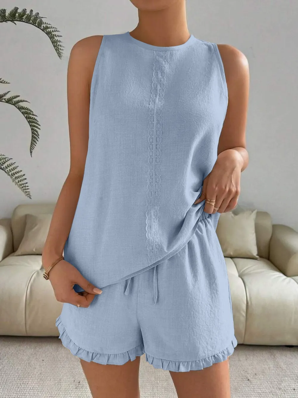 Lace Detail Round Neck Tank and Shorts Set, image 8