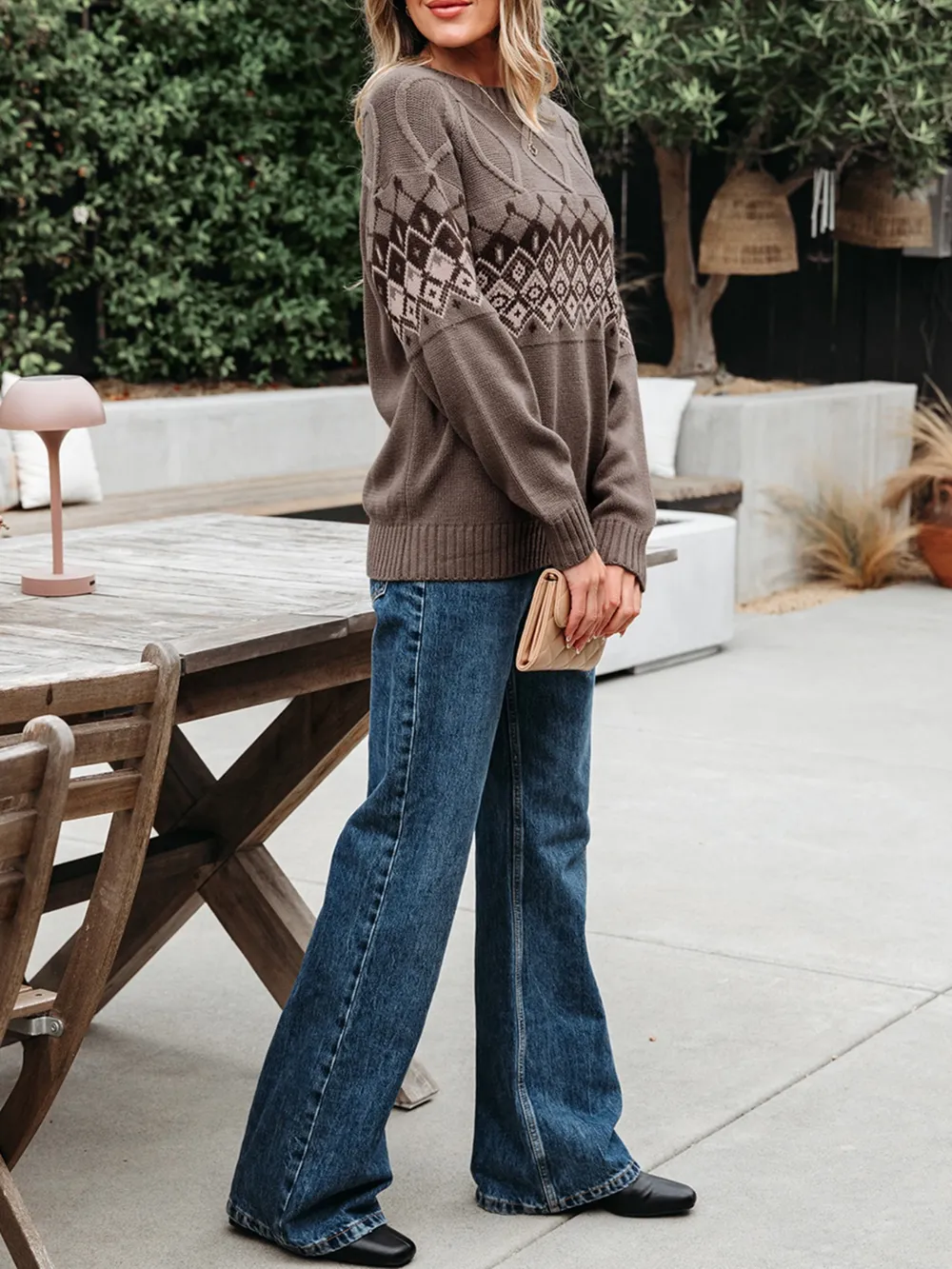 Geometric Round Neck Long Sleeve Sweater, image 7