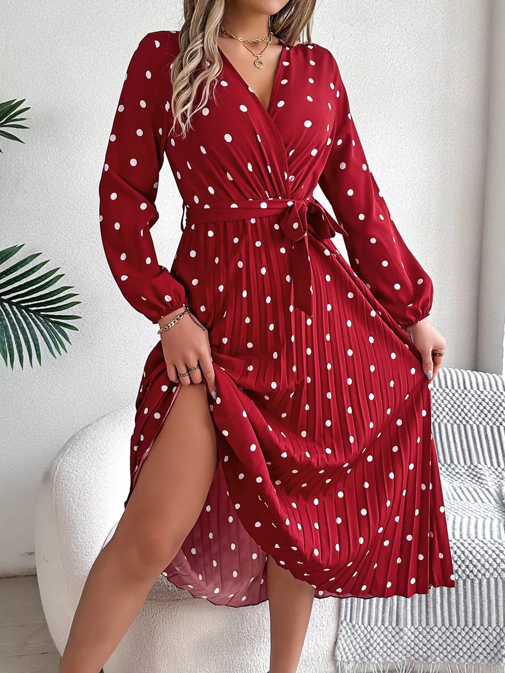 Front Tie Polka Dot Midi Pleated Dress, image 11