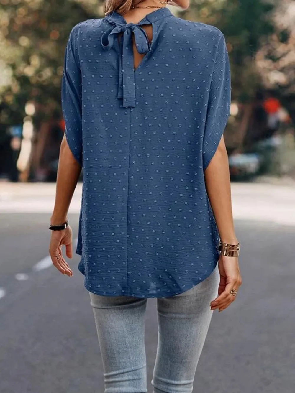 Swiss Dot Mock Neck Half Sleeve Blouse, image 15