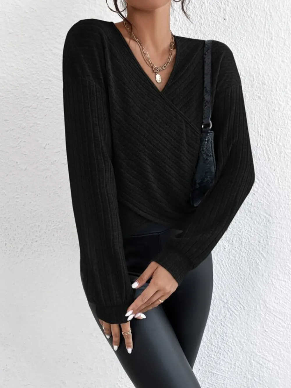 Surplice Dropped Shoulder Long Sleeve T-Shirt, image 6