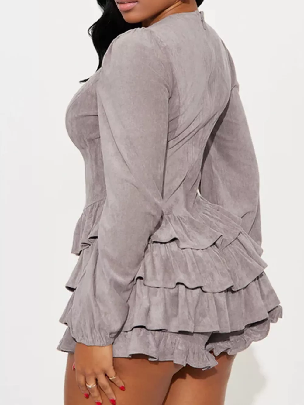 Lace-Up Ruffle Hem Long Sleeve Mini Dress, image 3