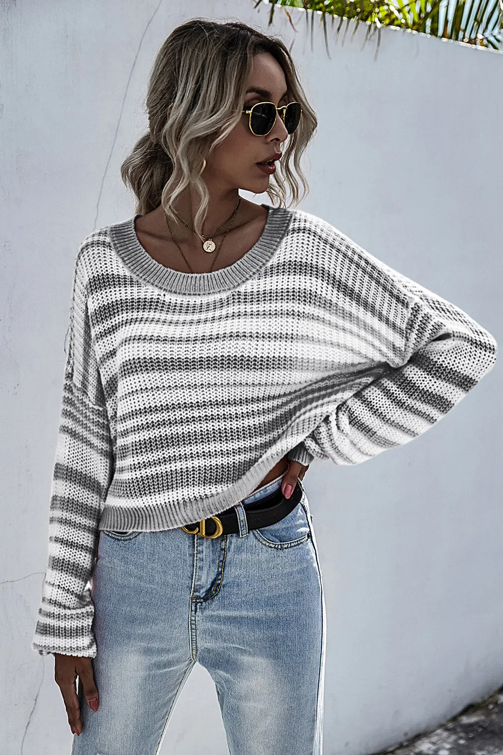 Striped Round Neck Dropped Shoulder Sweater, image 7