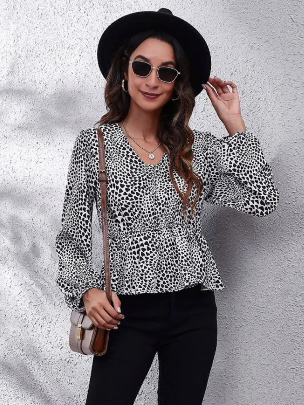 Ruched Printed V-Neck Long Sleeve Blouse, image 35