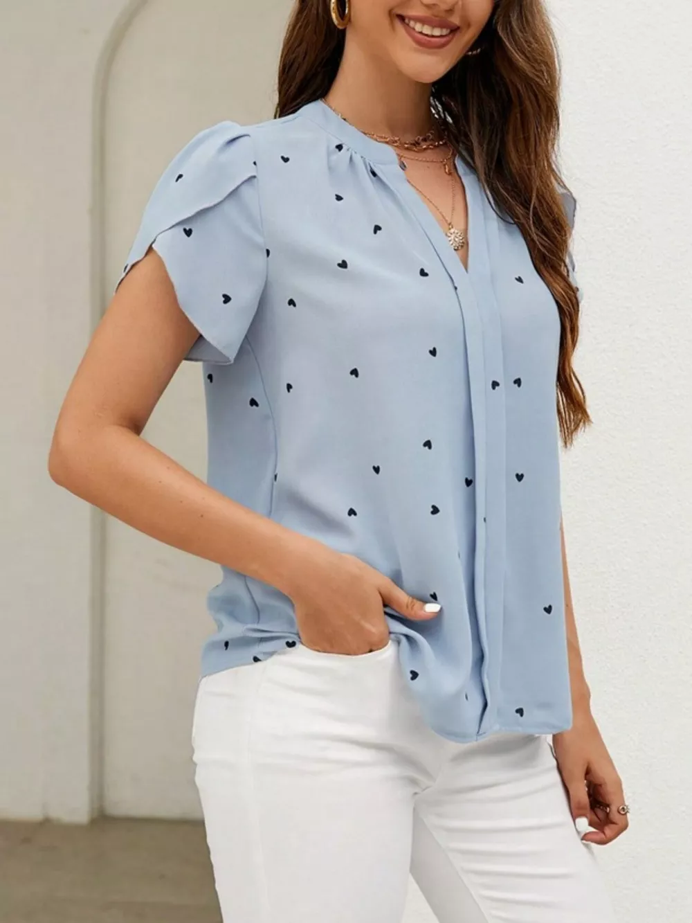 Heart Print Petal Sleeve Blouse, image 8