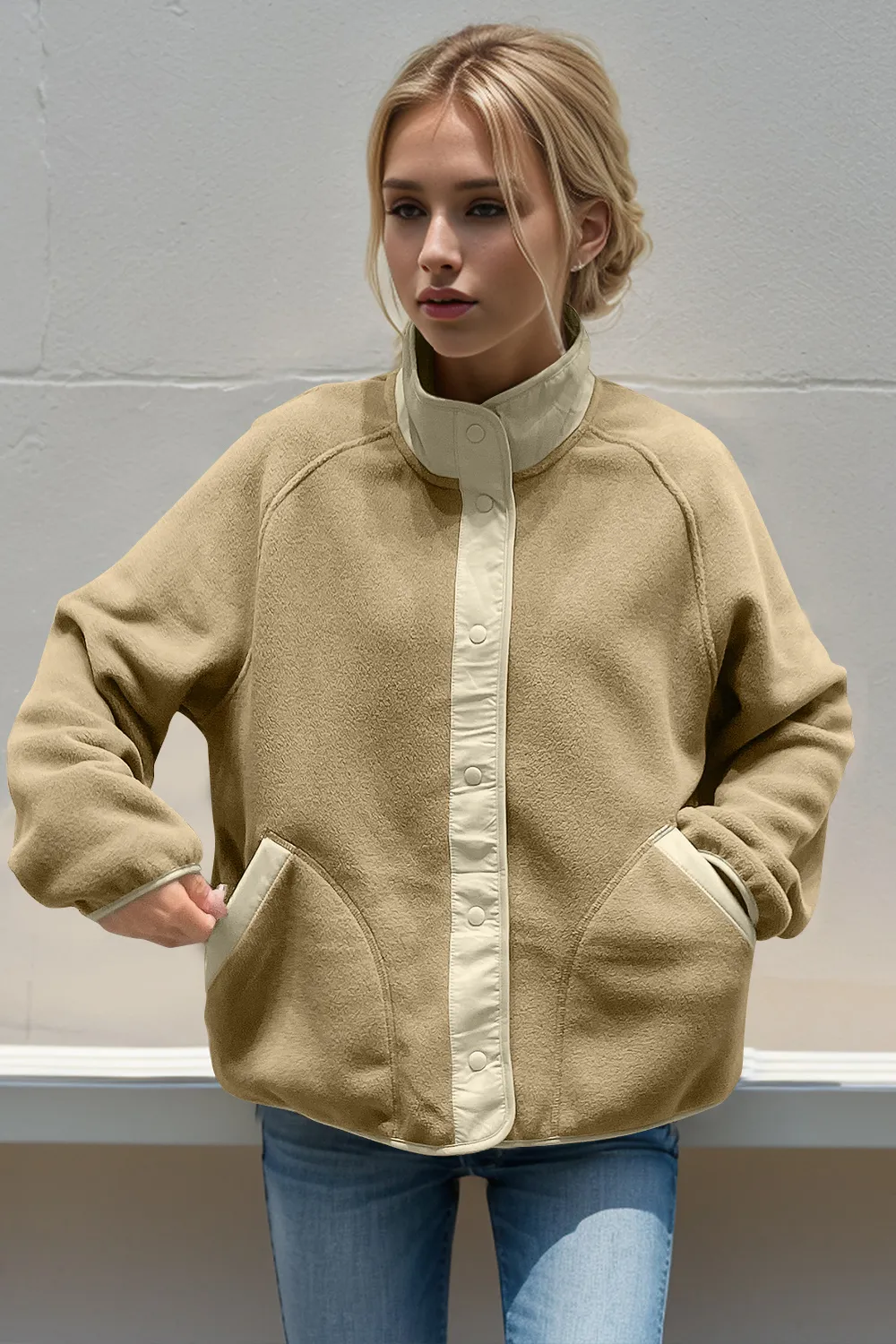 Snap Down Contrast Fleece Jacket with Pockets, image 3