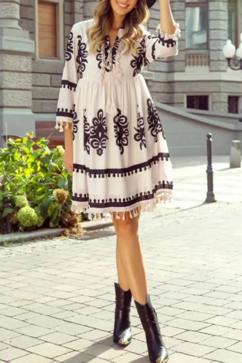 Tassel Hem 3/4 Sleeve Mini Dress, image 3