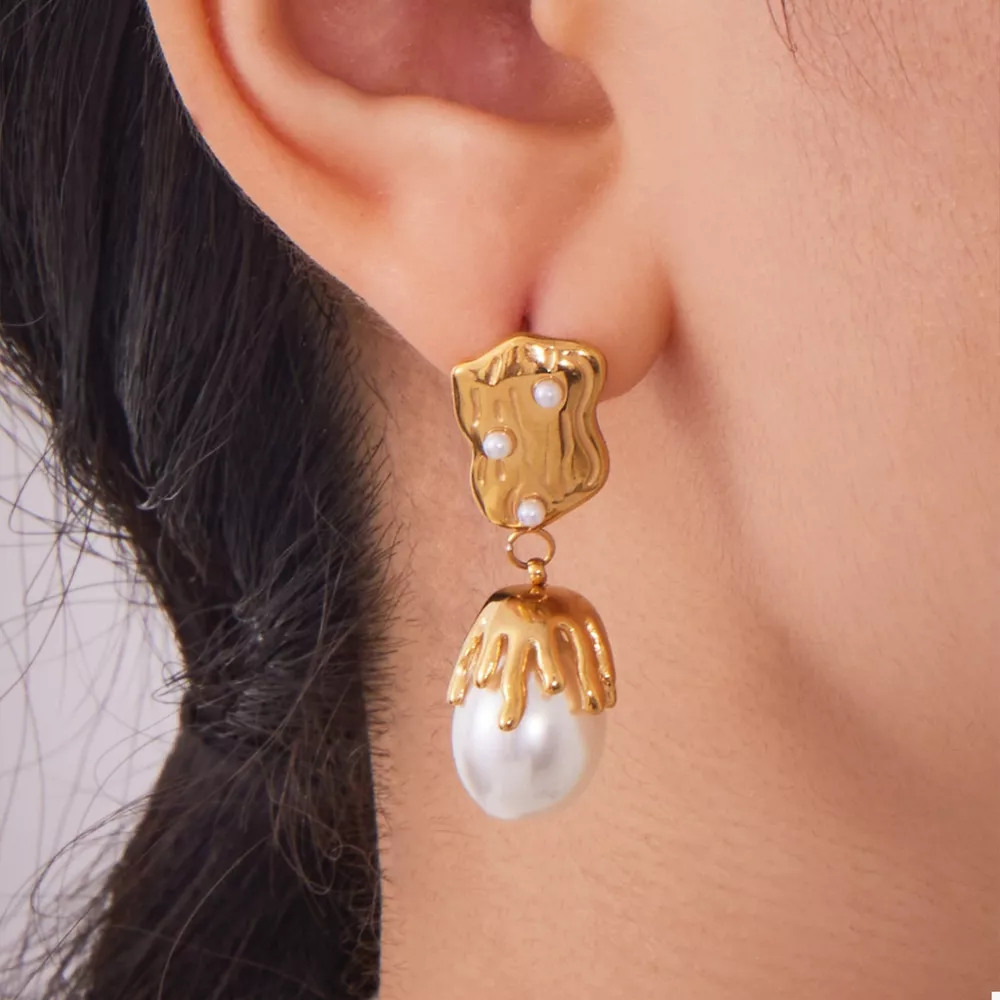 18K Gold-Plated Synthetic Pearl Drop Earrings, image 3