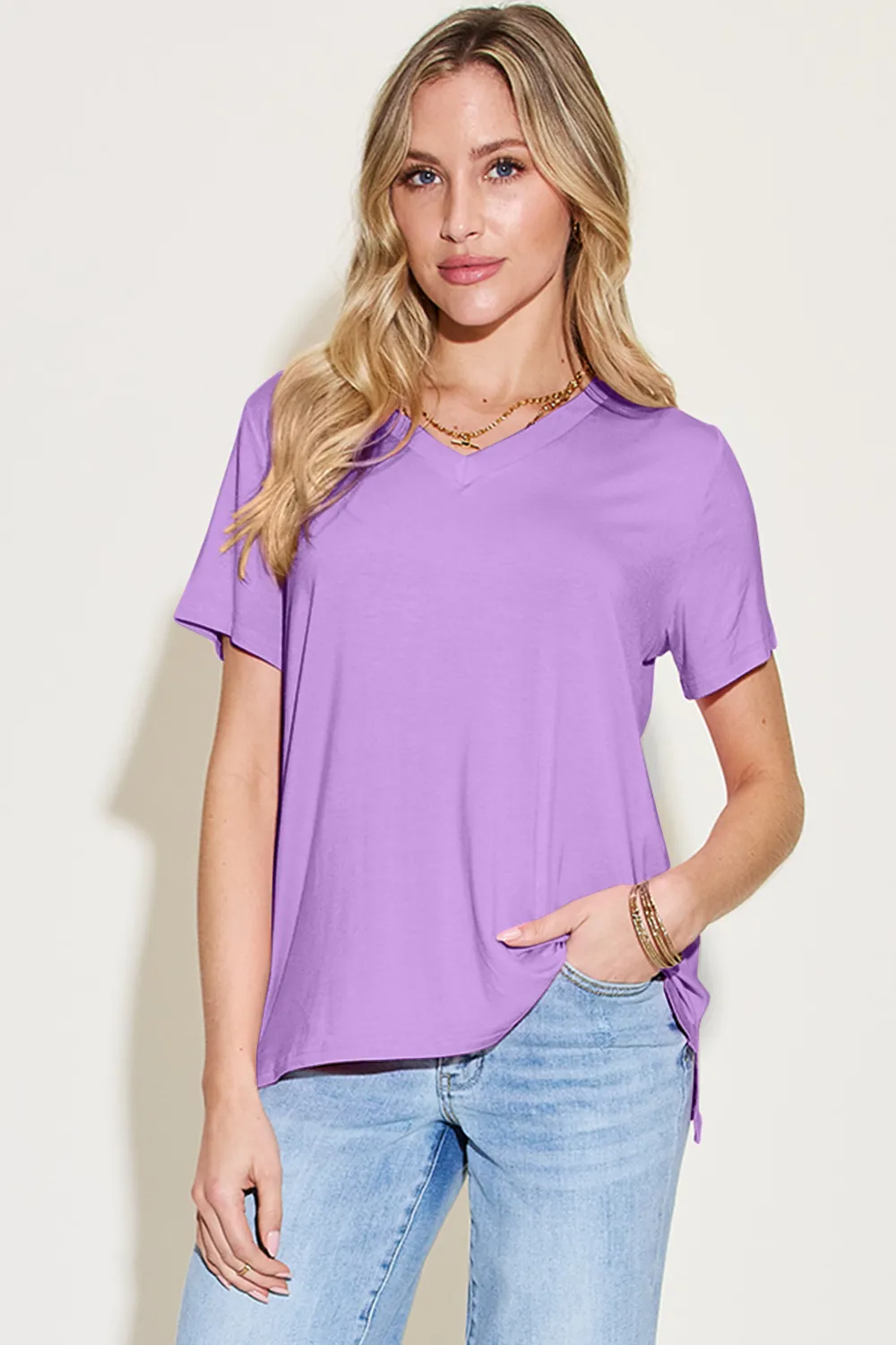 Bamboo Full Size V-Neck High-Low T-Shirt, image 7