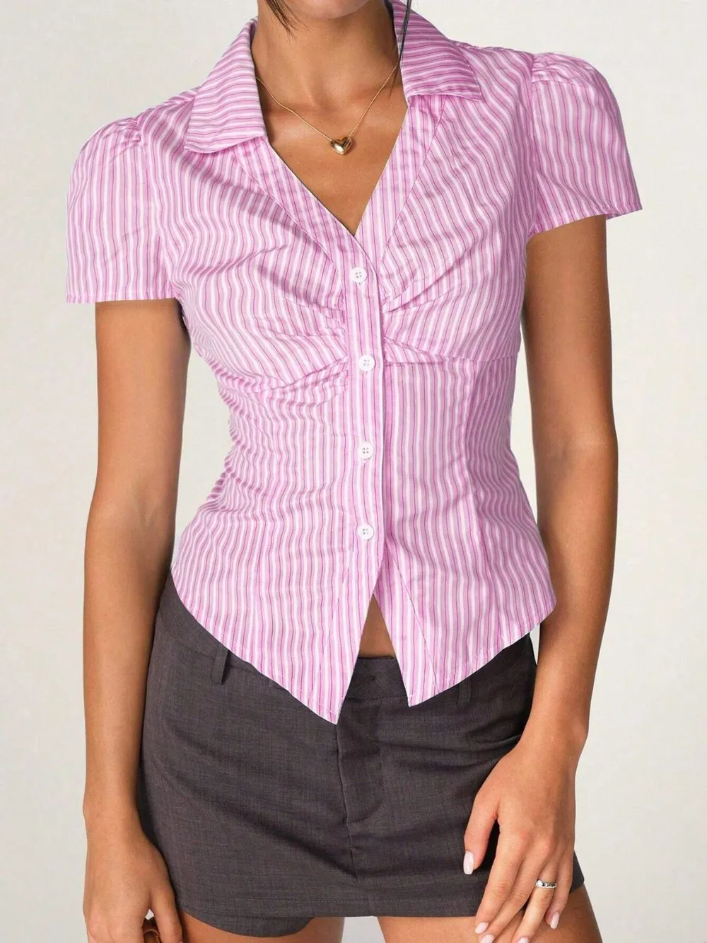 Striped Collared Neck Short Sleeve Shirt, image 2