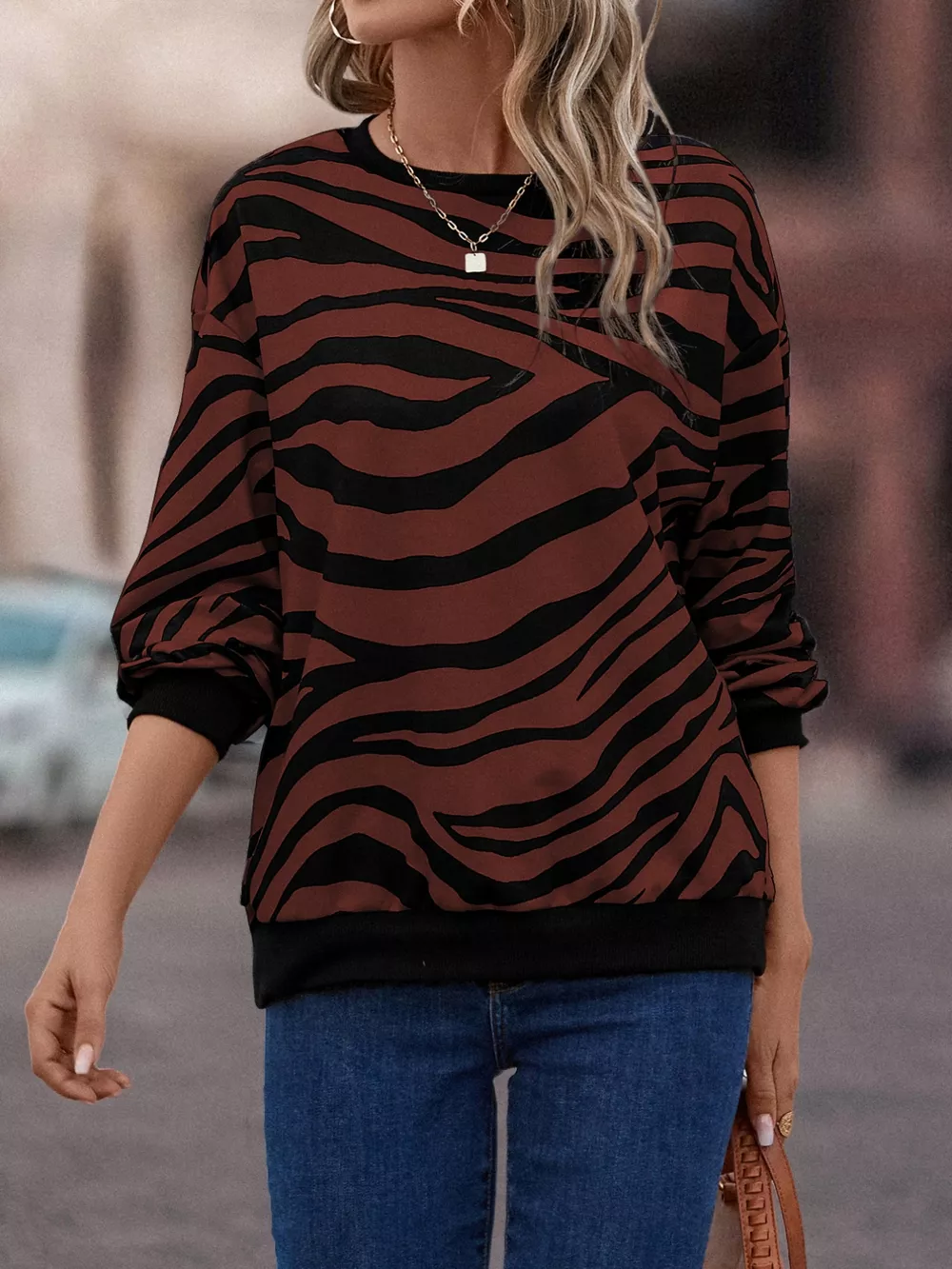 Zebra Print Round Neck Casual Sweatshirt, image 7