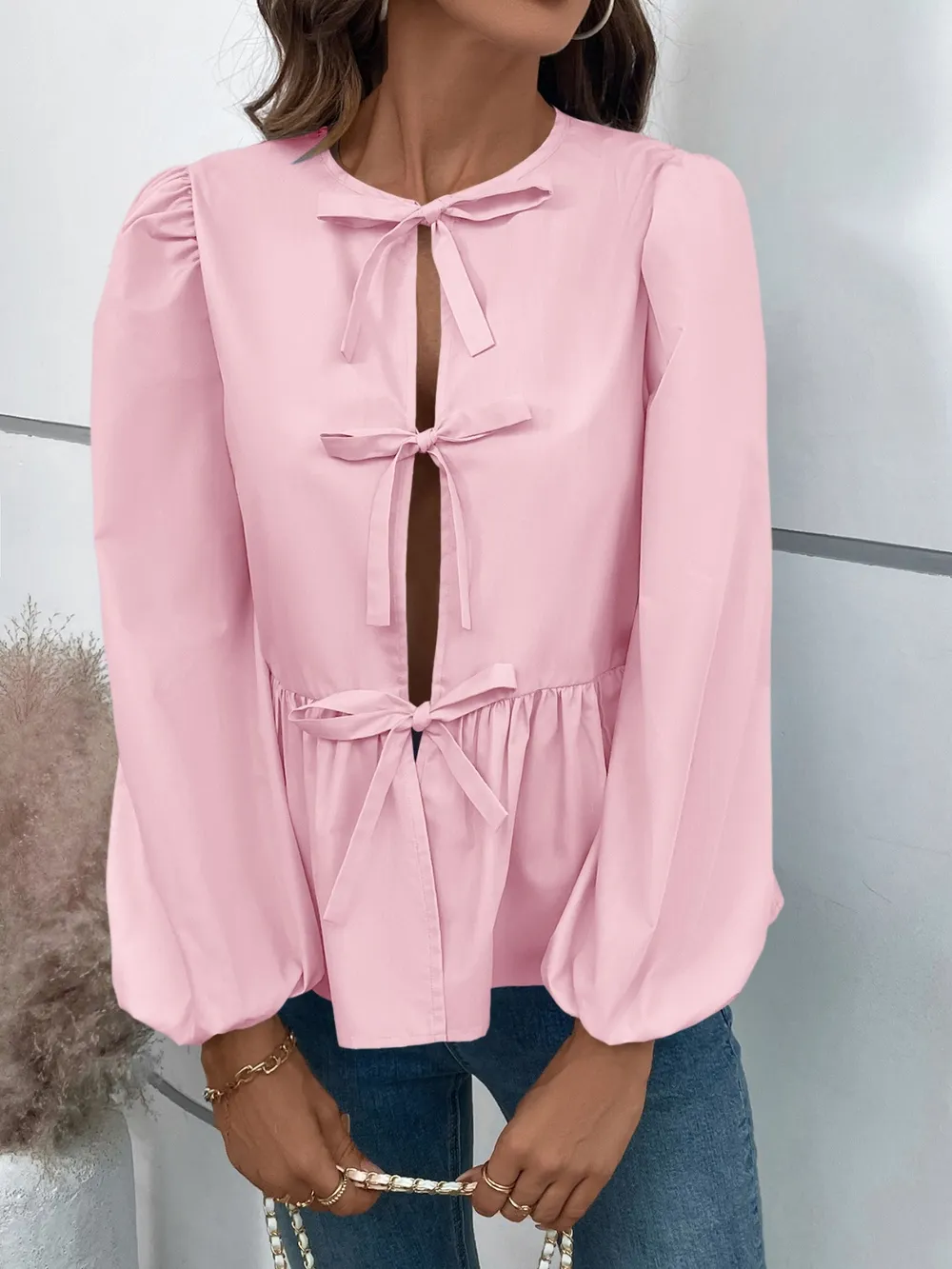 Peplum Tied Long Sleeve Blouse, image 11