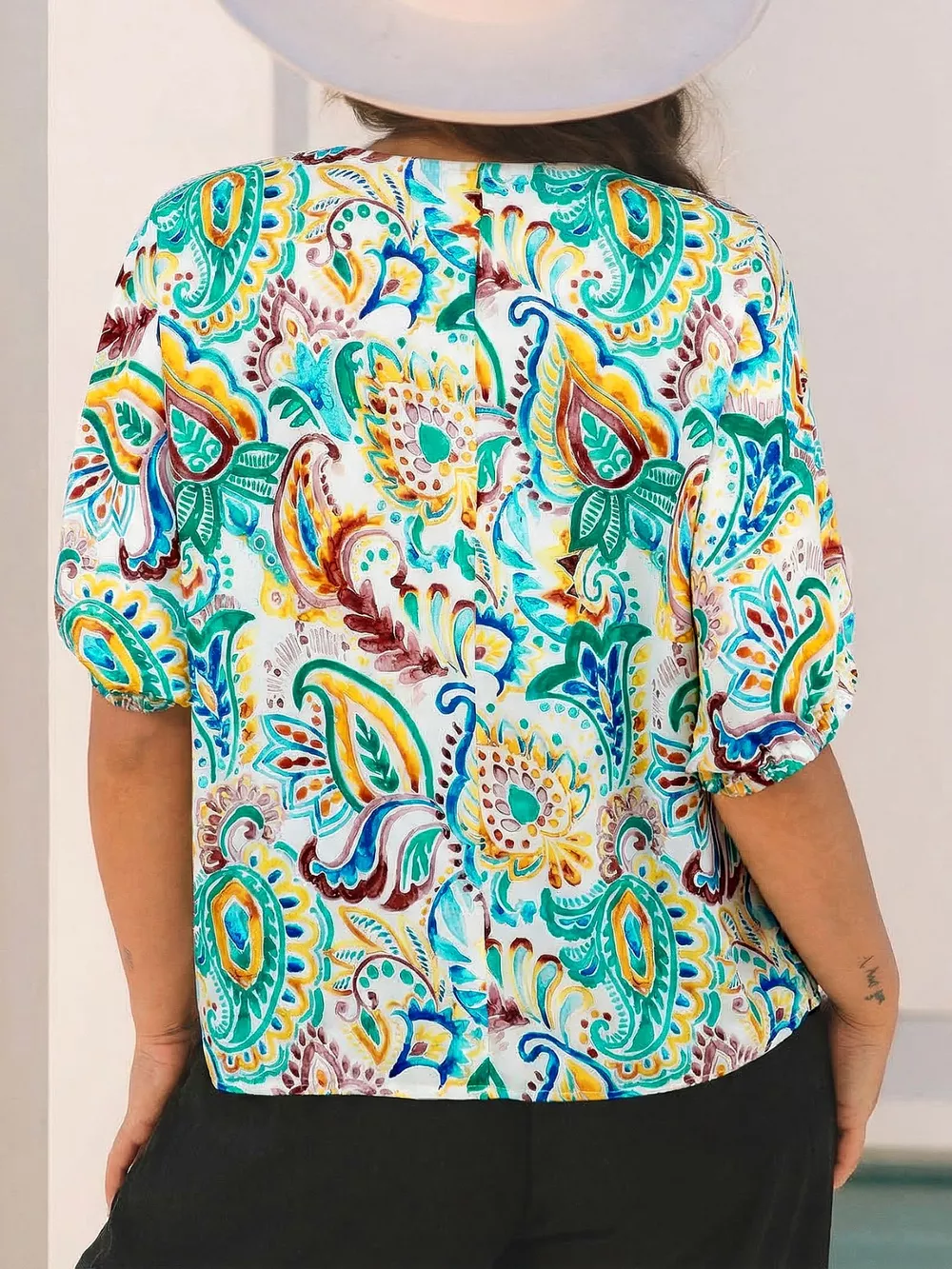 Paisley Floral Printed Puff Sleeve Blouse, image 2
