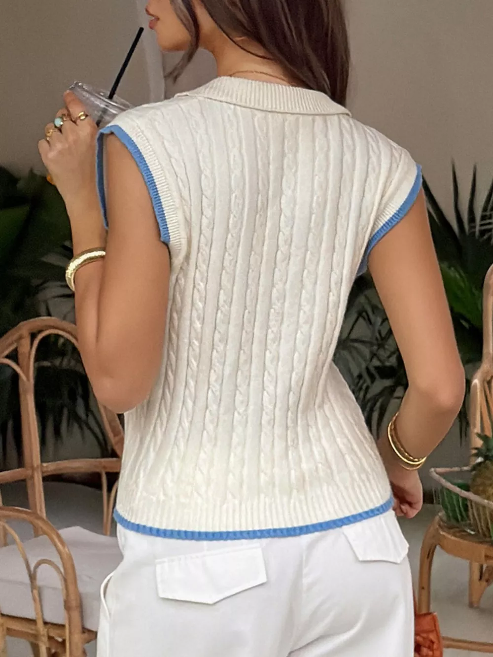 Cable Knit Polo Sweater Vest with Contrast Trim, image 5